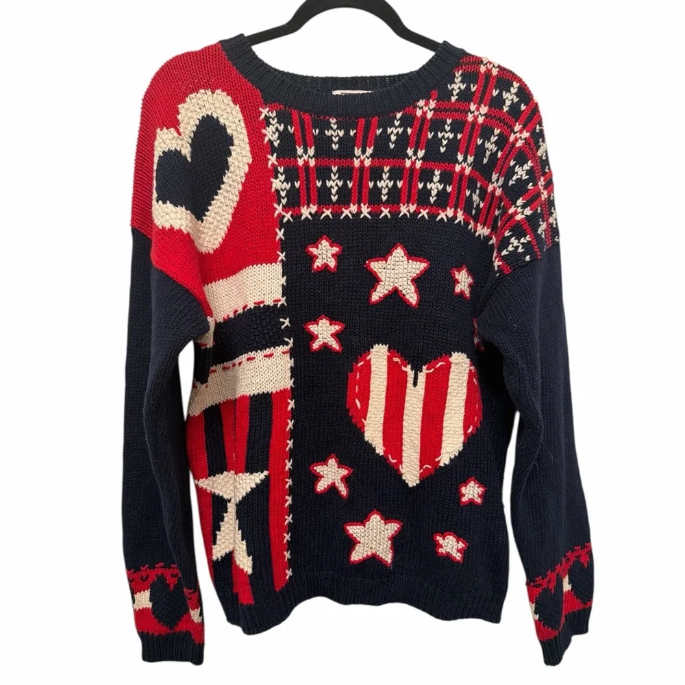 Vintage Women’s Ninon de Lenclos Patriotic Flag Knit Sweater size large Stars - Picture 1 of 8